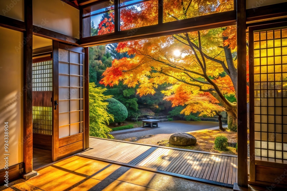 warm sunlight illuminates golden maple leaves in a tranquil Japanese courtyard garden, viewed through a glass door from a traditional ryokan balcony. warm sunlight illuminates golden maple leaves in a tranquil Japanese courtyard garden, viewed through a glass door from a traditional ryokan balcony.