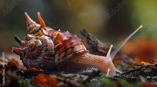 Closeup of Colorful Snail Shell Crawling on Mossy Forest Floor