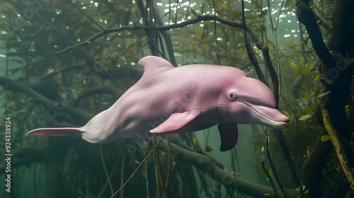 Graceful Pink River Dolphin Swimming Underwater in Murky Amazon Waters with Natural Elements