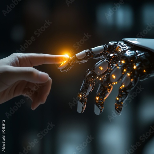 A human finger reaches out to touch a robotic hand - concept of humans and AI working together