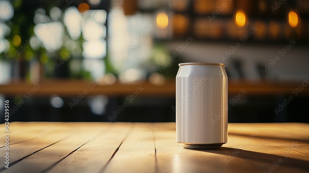 A silver aluminum can resting on wooden table during evening at a cozy cafe. A silver aluminum can resting on wooden table during evening at a cozy cafe.