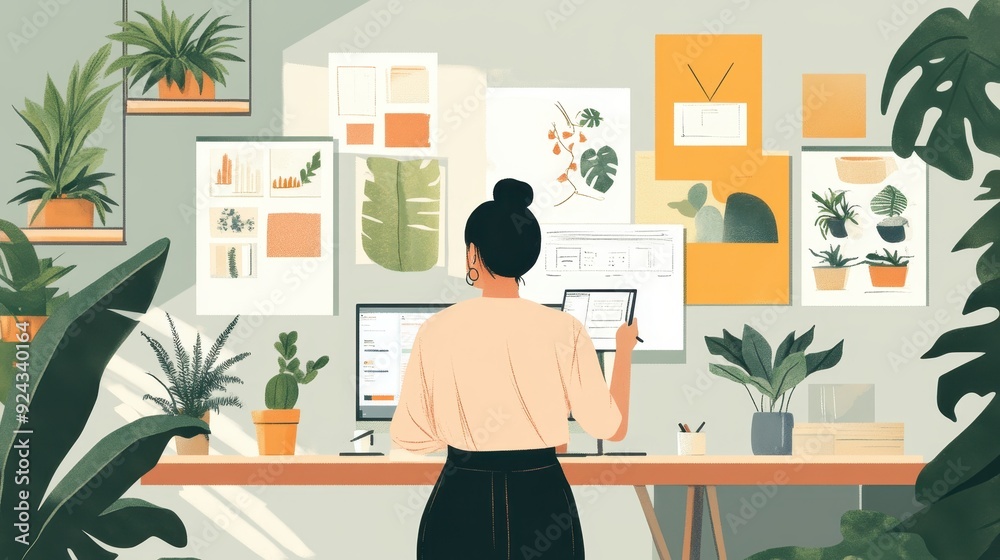 Fototapeta premium virtual interior design consultation, an interior design consultant virtually guiding a busy entrepreneur with mood boards and sketches on screen, against a serene backdrop with plants and personal 