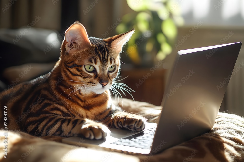 A high-resolution, brightly lit image of a chic Bengal cat working on a laptop, resembling a high-end lifestyle magazine feature with a joyful, professional vibe. A high-resolution, brightly lit image of a chic Bengal cat working on a laptop, resembling a high-end lifestyle magazine feature with a joyful, professional vibe.