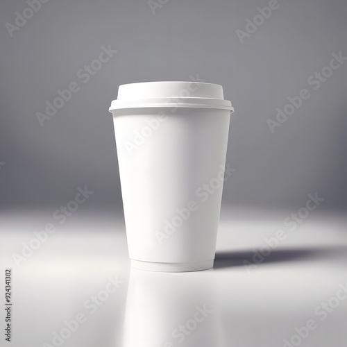 Blank white coffee cup on clean neutral surface.