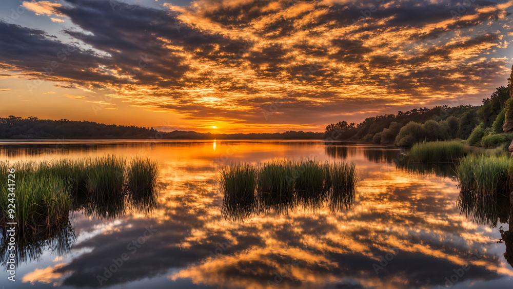 Obraz premium Golden hour paints water canvas with fiery hues, reflecting nature's masterpiece