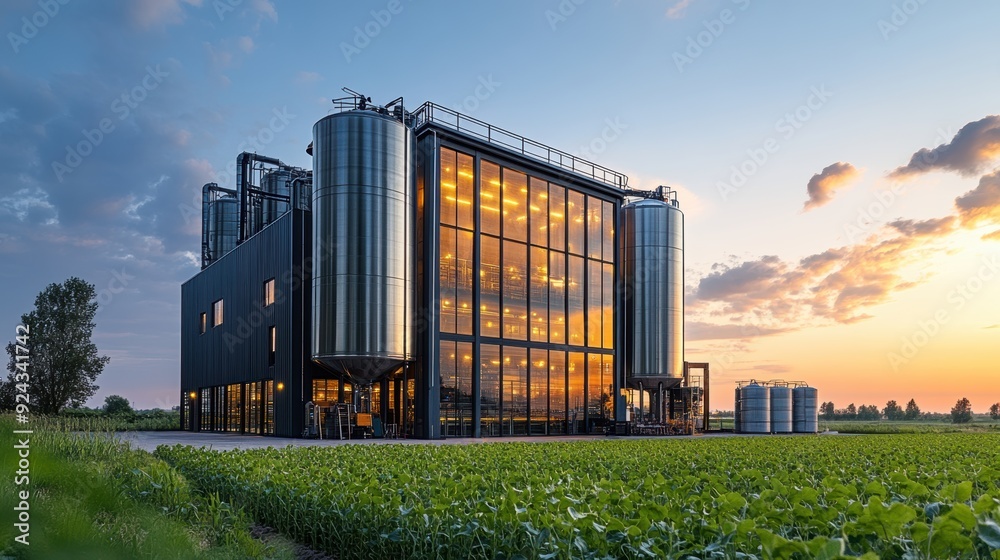 Agricultural processing center with steel silos and advanced equipment set against green crops Agricultural processing center with steel silos and advanced equipment set against green crops