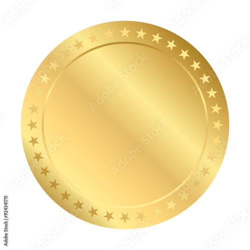 Gold medal winner, Golden Gradient Badge Round circle Realistic Vector with Stars Decorations for winner sports awards, medallions for champion, anniversary jubilee celebration 