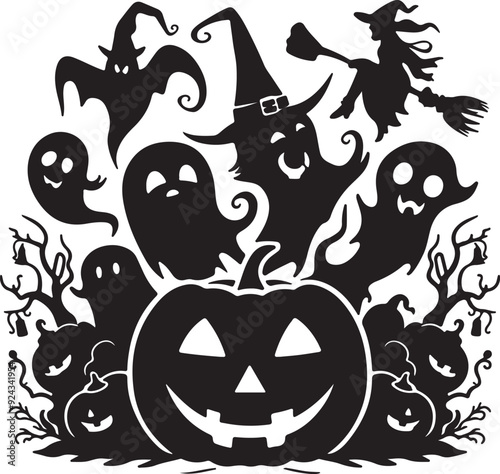 halloween background vector style silhouette with pumpkin and bats