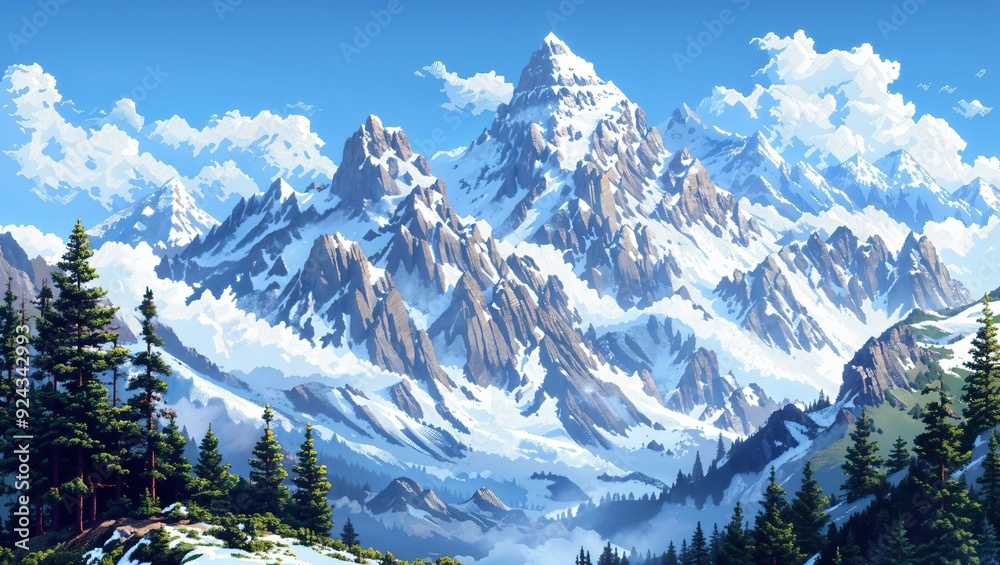 Breathtaking panorama of towering snow-capped peaks and lush greenery, where nature's majesty is on full display, inspiring awe and wonder in every viewer's heart and soul. Breathtaking panorama of towering snow-capped peaks and lush greenery, where nature's majesty is on full display, inspiring awe and wonder in every viewer's heart and soul.