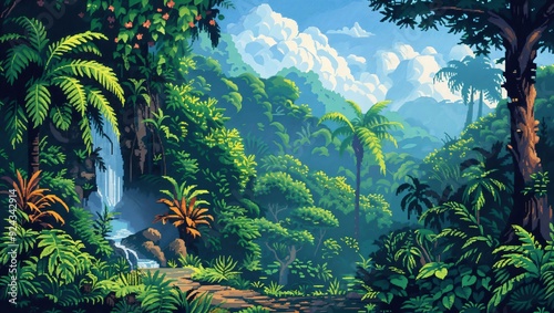 Explore a vibrant rainforest scene where a serene waterfall flows amidst vivid greenery, creating a peaceful atmosphere filled with colorful plants and lush foliage.