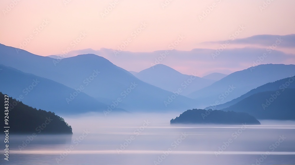 Fototapeta premium Serene Landscape Featuring a Misty Mountain Range at Sunrise, Gentle Hills, and a Peaceful Lake