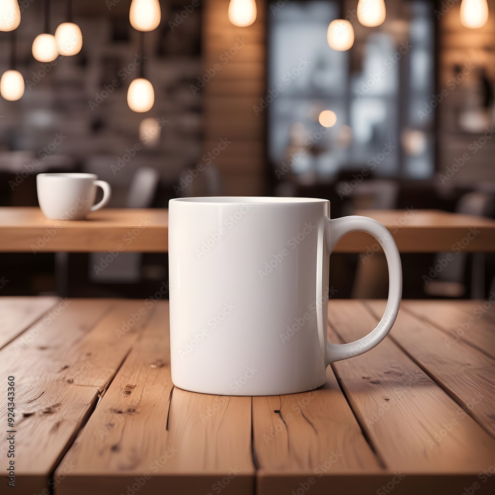 Empty white mug on a wooden table with a cafe in the background. Empty white mug on a wooden table with a cafe in the background.