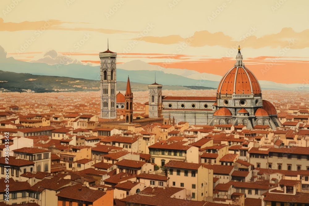Fototapeta premium Vintage Elegance Florence's Cityscape in Pink and Orange Hues
