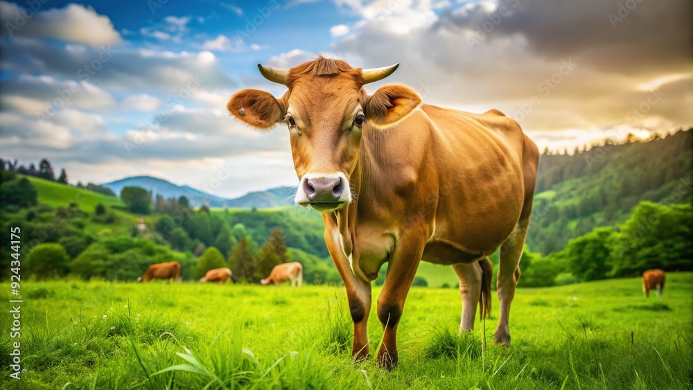 A serene brown cow with a gentle expression grazes in a lush green field at a rustic farm, symbolizing natural and healthy dairy production. A serene brown cow with a gentle expression grazes in a lush green field at a rustic farm, symbolizing natural and healthy dairy production.
