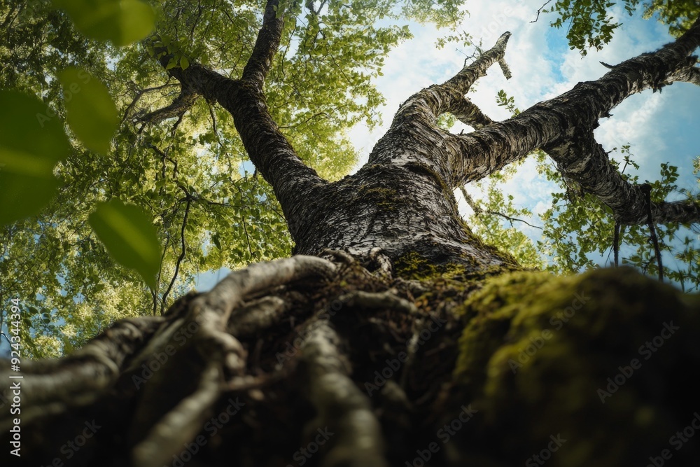 Fototapeta premium Trees growing upside down from the sky, roots reaching towards the ground, high resolution, detailed textures, crisp focus