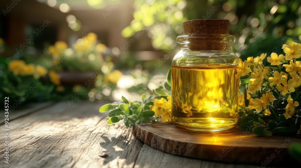 Golden canola oil set against a backdrop of lush green leaves and yellow flowers, radiating warmth and health Golden canola oil set against a backdrop of lush green leaves and yellow flowers, radiating warmth and health