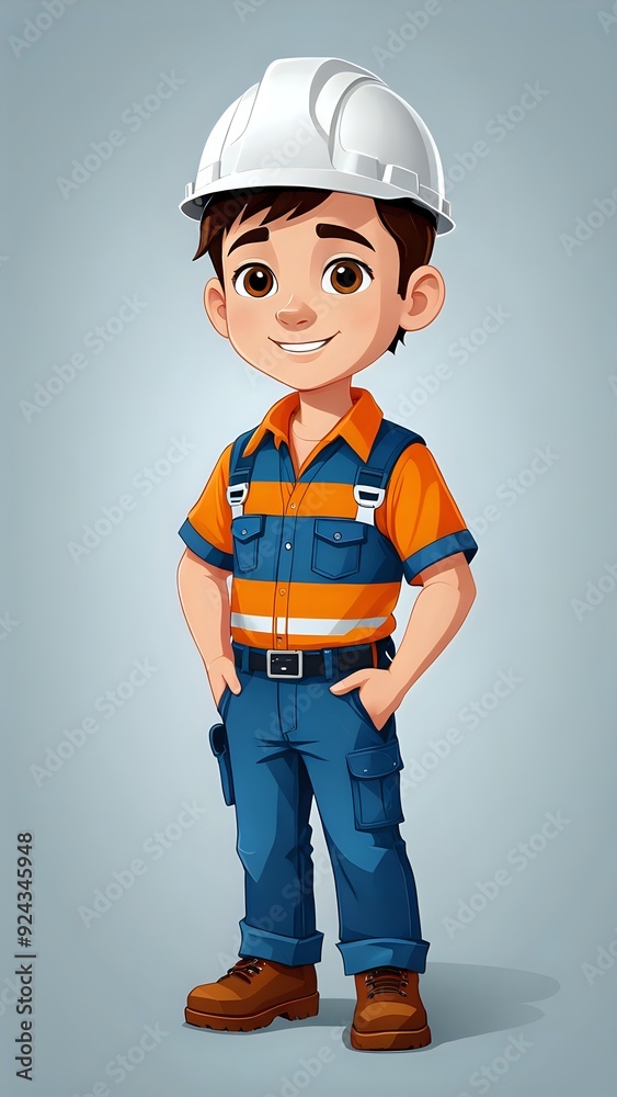A cartoon illustration of a young boy dressed in construction worker clothes, wearing a white hardhat and a big smile.