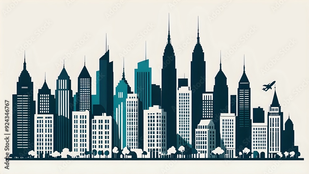 Skyline silhouette of a modern city with tall buildings and a plane flying overhead. Skyline silhouette of a modern city with tall buildings and a plane flying overhead.