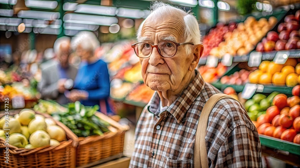 An elderly man wearing glasses shopping at a market, surrounded by fresh produce, representing daily life and independence.