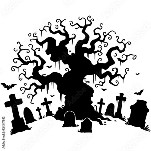 Silhouette of an old abandoned cemetery with a dried up tree and leaning tombstones in monochrome. Simple minimalistic vector in black ink drawing on transparent background