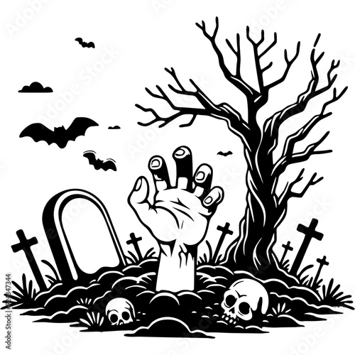 Zombie hand crawling out of grave in old cemetery in monochrome. Simple minimalistic vector in black ink drawing on transparent background