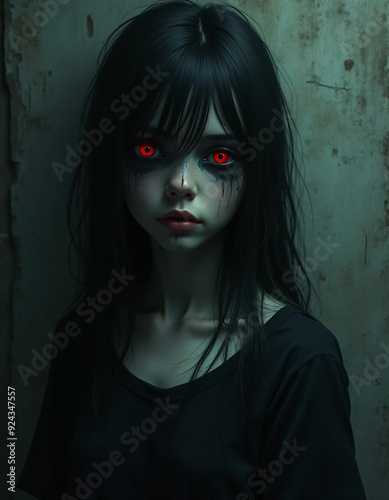 A mysterious and enchanting young woman, she looks scary and dark.