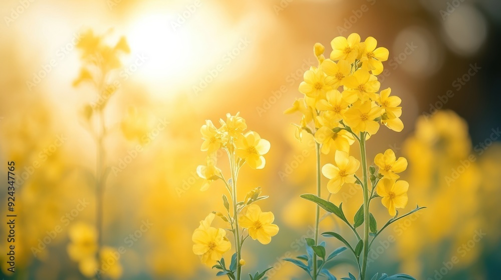 Rapeseed flowers in full bloom, their bright yellow petals contrasting with rich green leaves, symbolizing the purity of canola oil Rapeseed flowers in full bloom, their bright yellow petals contrasting with rich green leaves, symbolizing the purity of canola oil