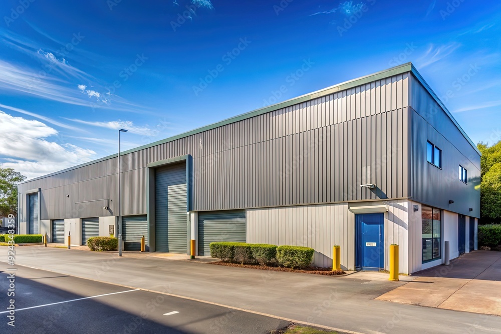 A small industrial warehouse with metal cladding features large commercial signboards and logos, situated alongside a car park in a suburban business area. A small industrial warehouse with metal cladding features large commercial signboards and logos, situated alongside a car park in a suburban business area.