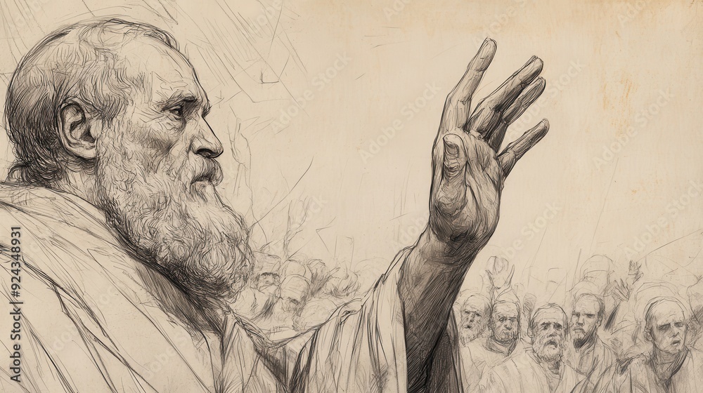 Fototapeta premium Leviticus Scene: Priest Waving Wave Offering, Congregation Observing, Biblical Illustration, Bible Wall Art, Beige Background