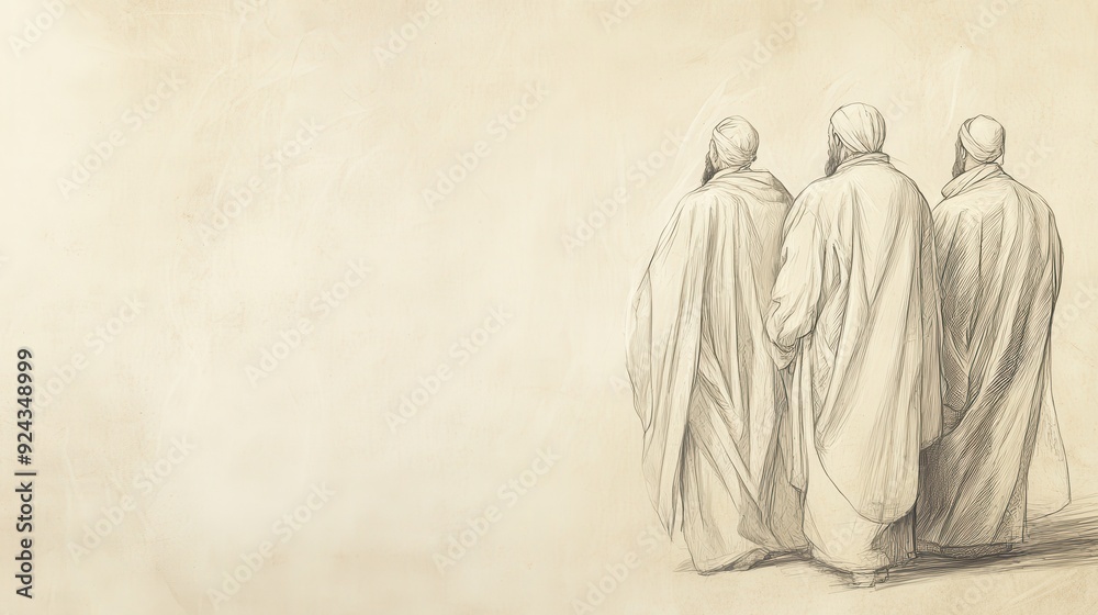 Fototapeta premium Leviticus Scene: Priests in Sacred Garments, Preparing for Holy Place, Reverence, Biblical Illustration, Bible Wall Art, Beige Background