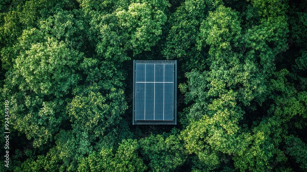 A modern solar panel lies within a dense, lush forest, seamlessly blending into the natural surroundings. The high-resolution details of both the panel and the forest create a juxtaposition that A modern solar panel lies within a dense, lush forest, seamlessly blending into the natural surroundings. The high-resolution details of both the panel and the forest create a juxtaposition that