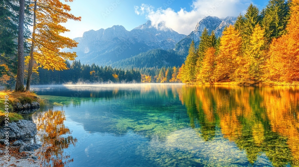 Naklejka premium Autumnal Serenity: A Tranquil Mountain Lake Reflection