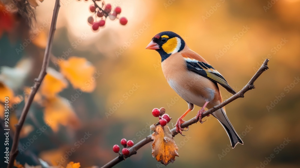 Colorful Bird Perched on Branch with Autumn Leaves and Berries Colorful Bird Perched on Branch with Autumn Leaves and Berries