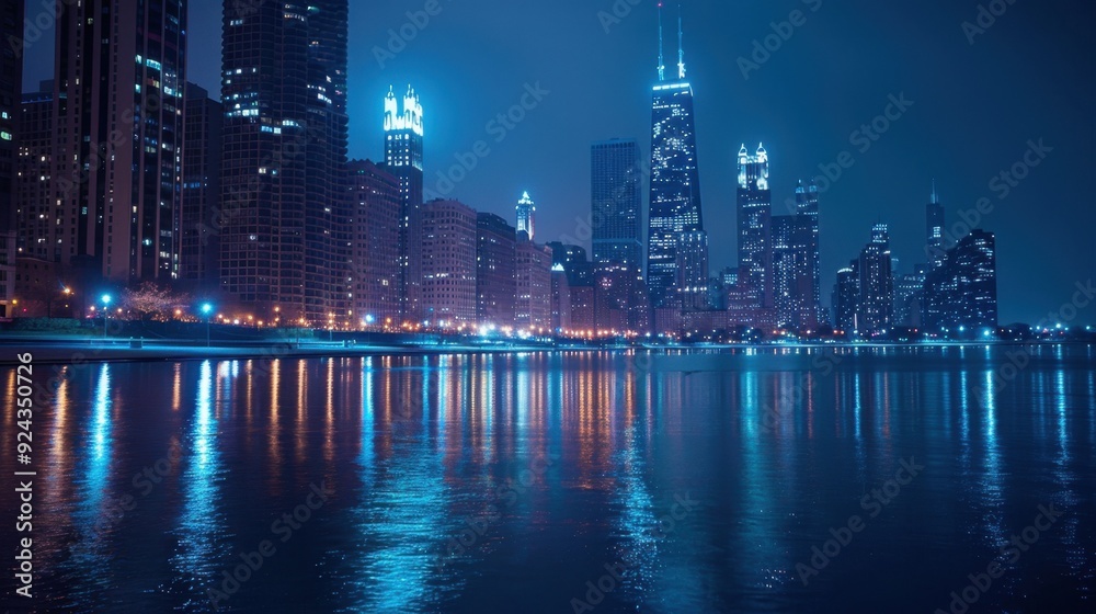 Naklejka premium Nighttime Photography: Venture out with your camera to capture urban landscapes or natural beauty at night. Use long-exposure techniques to highlight city lights, star trails, and glowing landmarks. 