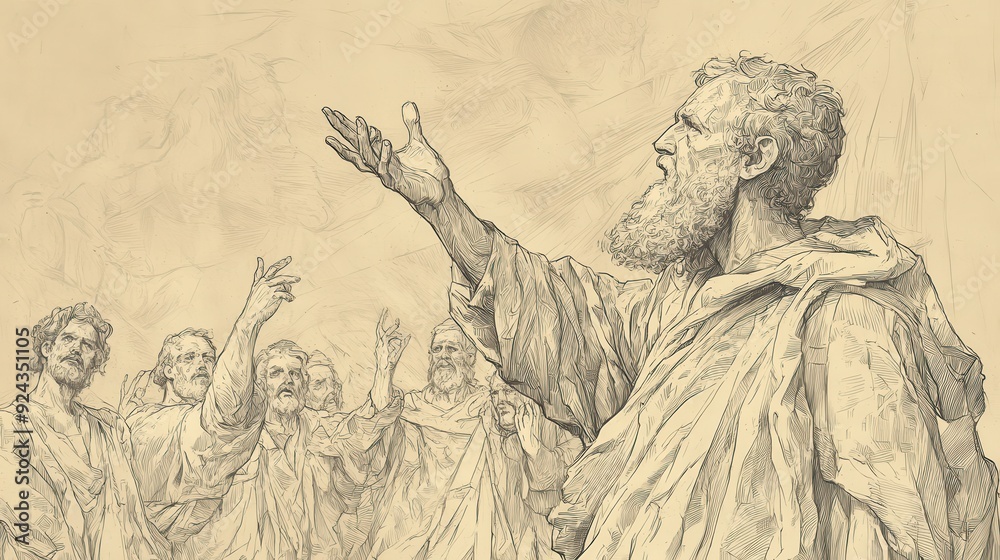 Fototapeta premium Biblical Wall Art, Leviticus, The Death of Nadab and Abihu, Moses reminding of priestly laws, Bible Illustration with beige background