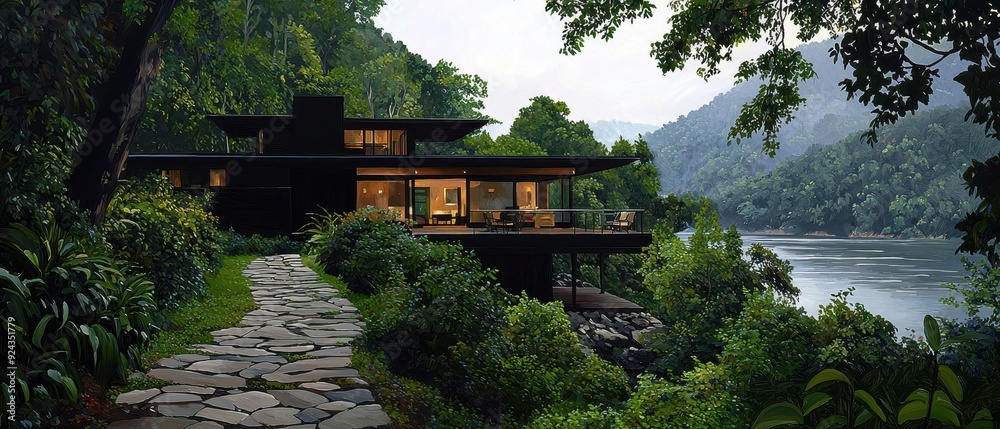 A modern house nestled by a river, surrounded by lush greenery, offering serene views of nature and a tranquil atmosphere. A modern house nestled by a river, surrounded by lush greenery, offering serene views of nature and a tranquil atmosphere.