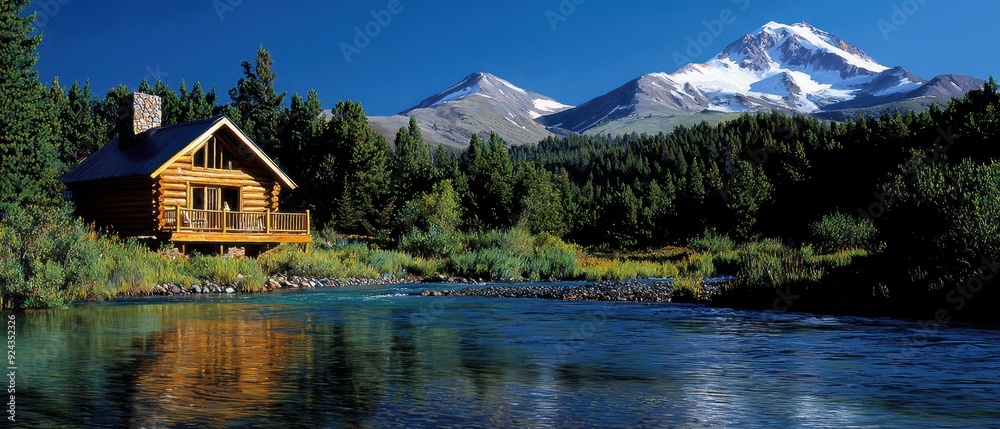 Fototapeta premium A serene log cabin by a tranquil river, surrounded by lush greenery and majestic mountains, perfect for a peaceful getaway.