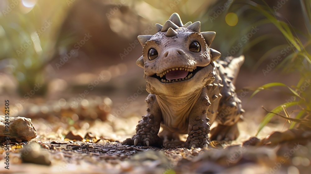 A small ankylosaurus puppy joyfully wags its spiky tail