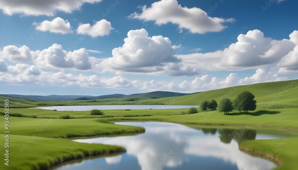 A serene landscape with a calm lake surrounded by lush green meadows and rolling hills, under a blue sky with fluffy white clouds A serene landscape with a calm lake surrounded by lush green meadows and rolling hills, under a blue sky with fluffy white clouds