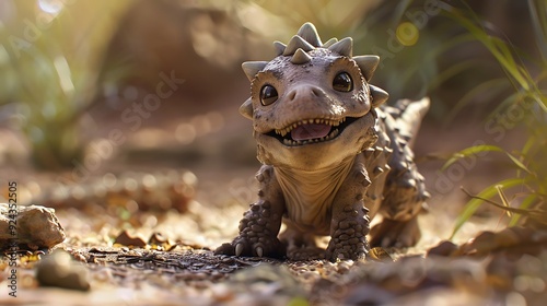 Obraz na płótnie A small ankylosaurus puppy joyfully wags its spiky tail w salonie