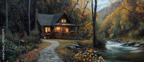 Scenic log cabin by a tranquil stream, surrounded by vibrant autumn foliage in a serene forest landscape.