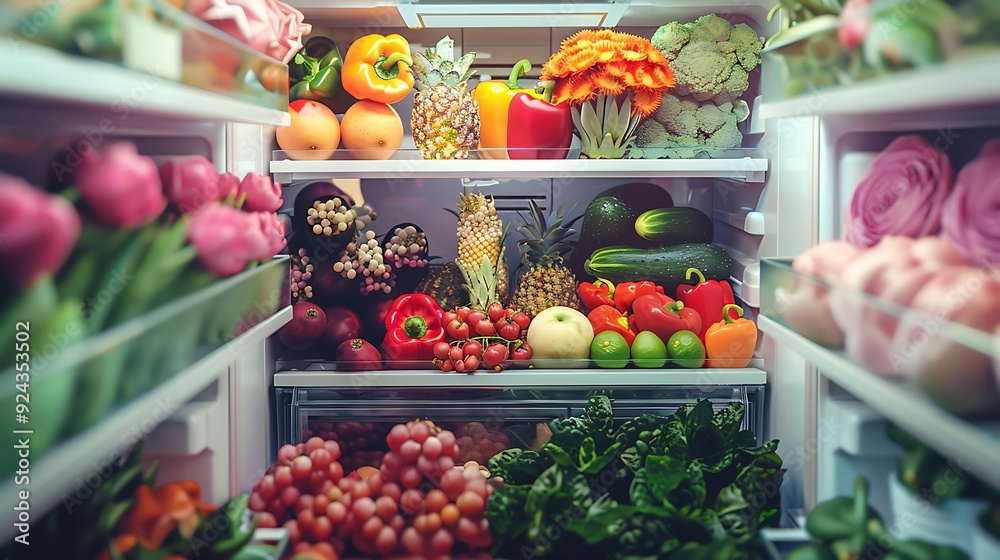 Fresh fruits and vegetables are stored in an open fridge with flower designing on fridge Fresh fruits and vegetables are stored in an open fridge with flower designing on fridge