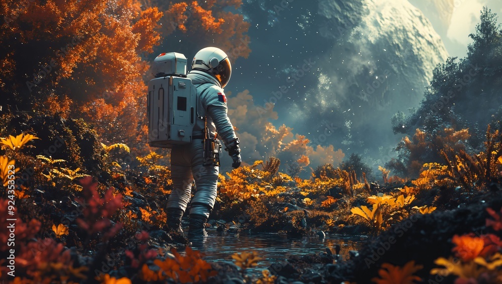Fototapeta premium A lone astronaut explores a mesmerizing alien landscape, surrounded by vibrant autumn colors, under a starry sky dotted with distant celestial bodies, evoking wonder and curiosity.