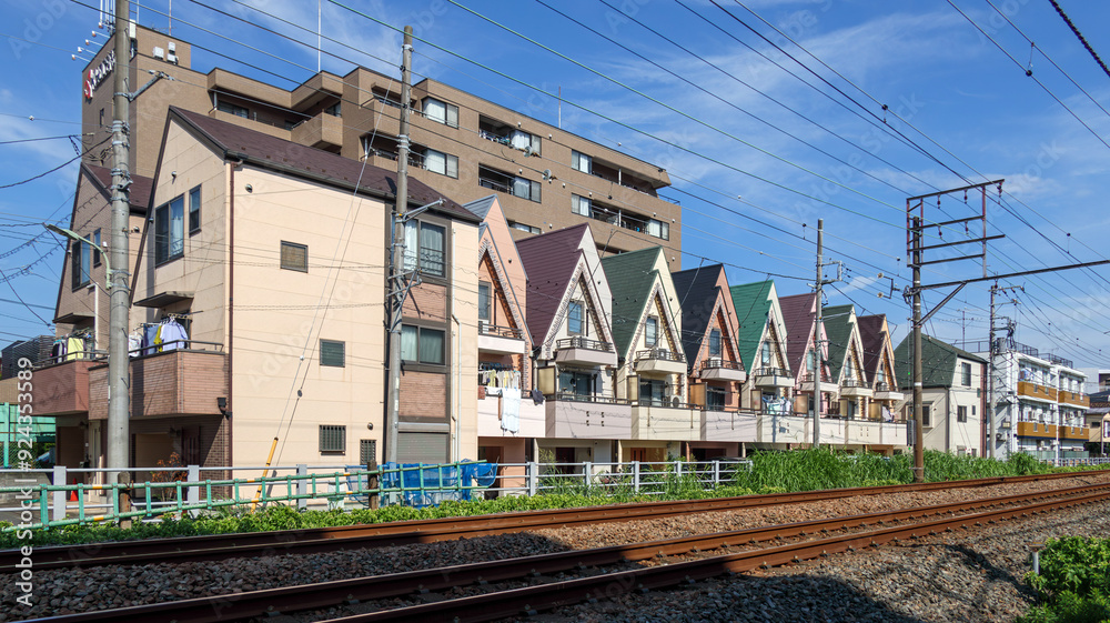 三角屋根の住宅と線路 三角屋根の住宅と線路