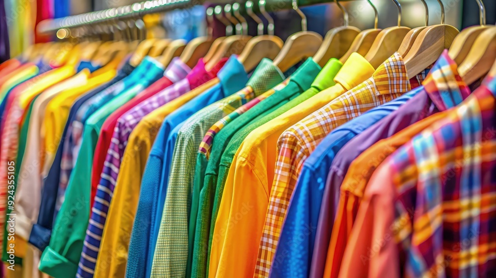 Row of colorful clothes on hangers in a store, showcasing a variety of vibrant shirts and fabrics in a retail setting. Row of colorful clothes on hangers in a store, showcasing a variety of vibrant shirts and fabrics in a retail setting.