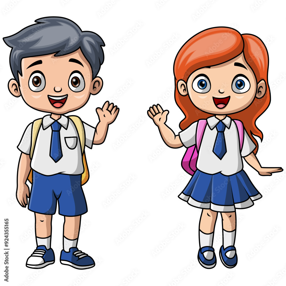 Couple cute cartoon school boy and girl Couple cute cartoon school boy and girl