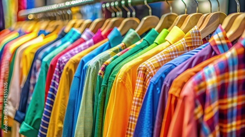 Wallpaper Mural Row of colorful clothes on hangers in a store, showcasing a variety of vibrant shirts and fabrics in a retail setting. Torontodigital.ca