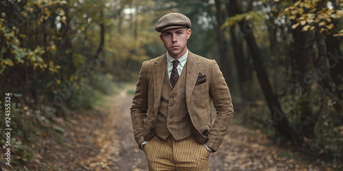 A young man in an old fashioned three piece suit and hat stands on the edge of a forest path, generative AI