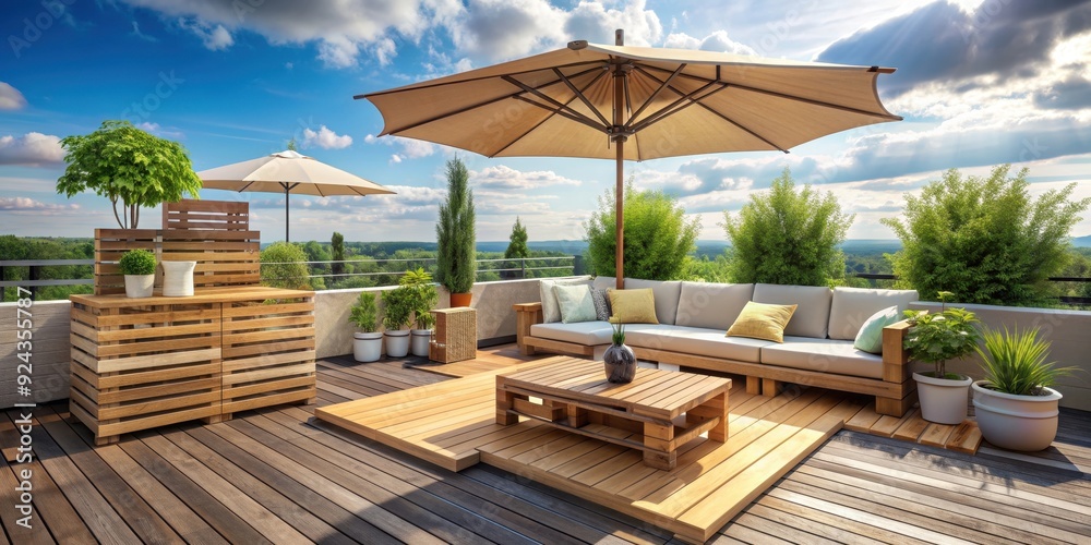 Cozy rooftop patio with wooden pallet furniture, umbrella, and decking on a sunny summer day, rooftop, patio, cozy Cozy rooftop patio with wooden pallet furniture, umbrella, and decking on a sunny summer day, rooftop, patio, cozy