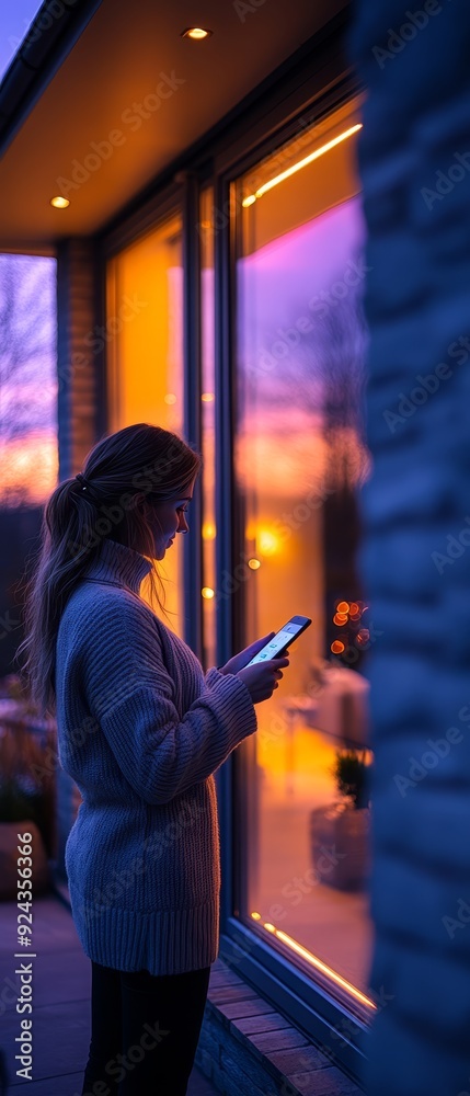 A person controlling home lighting with a smartpho  031 woman, fashion, person, model, beauty, one, people, boy, hair, window, face, hand 